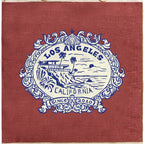 Market Bag in Cranberry — Los Angeles Badge, close-up of the Los Angeles badge print
