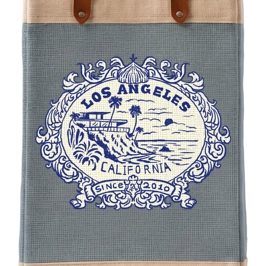 Long Handled Market Bag in Cool Gray — Los Angeles Badge, close-up of the Los Angeles badge print