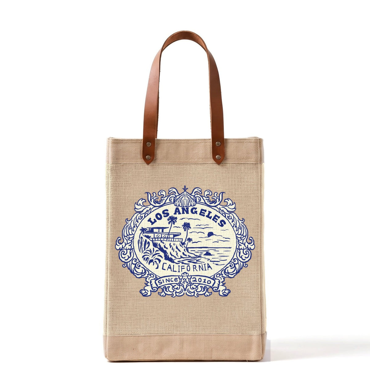 Long Handled Market Bag in Natural — Los Angeles Badge, front