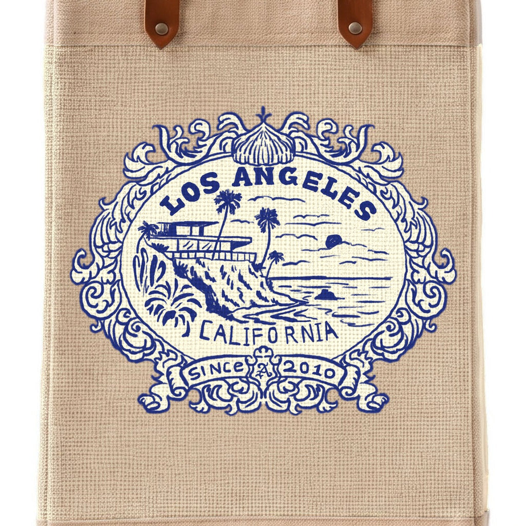 Long Handled Market Bag in Natural — Los Angeles Badge, close-up of the Los Angeles badge print
