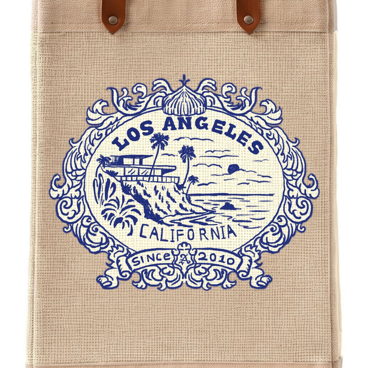 Long Handled Market Bag in Natural — Los Angeles Badge, close-up of the Los Angeles badge print